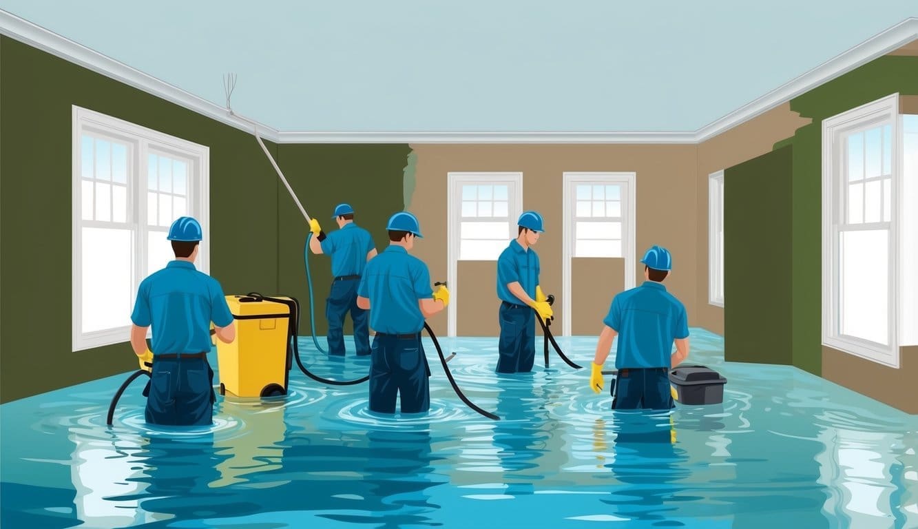 A water damage restoration crew working quickly to extract water and repair damaged areas in a flooded home
