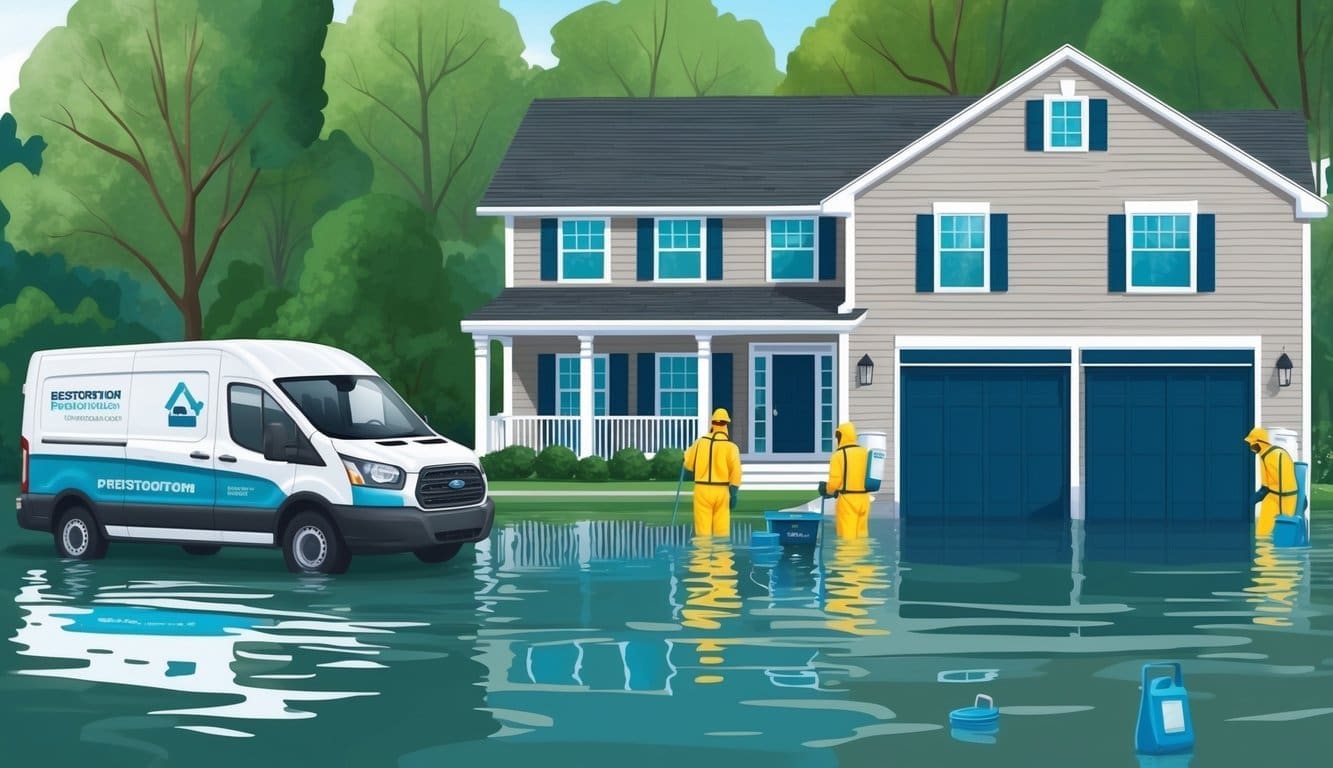 A flooded home with water damage, a restoration company's van parked outside, workers in protective gear assessing the damage and beginning cleanup