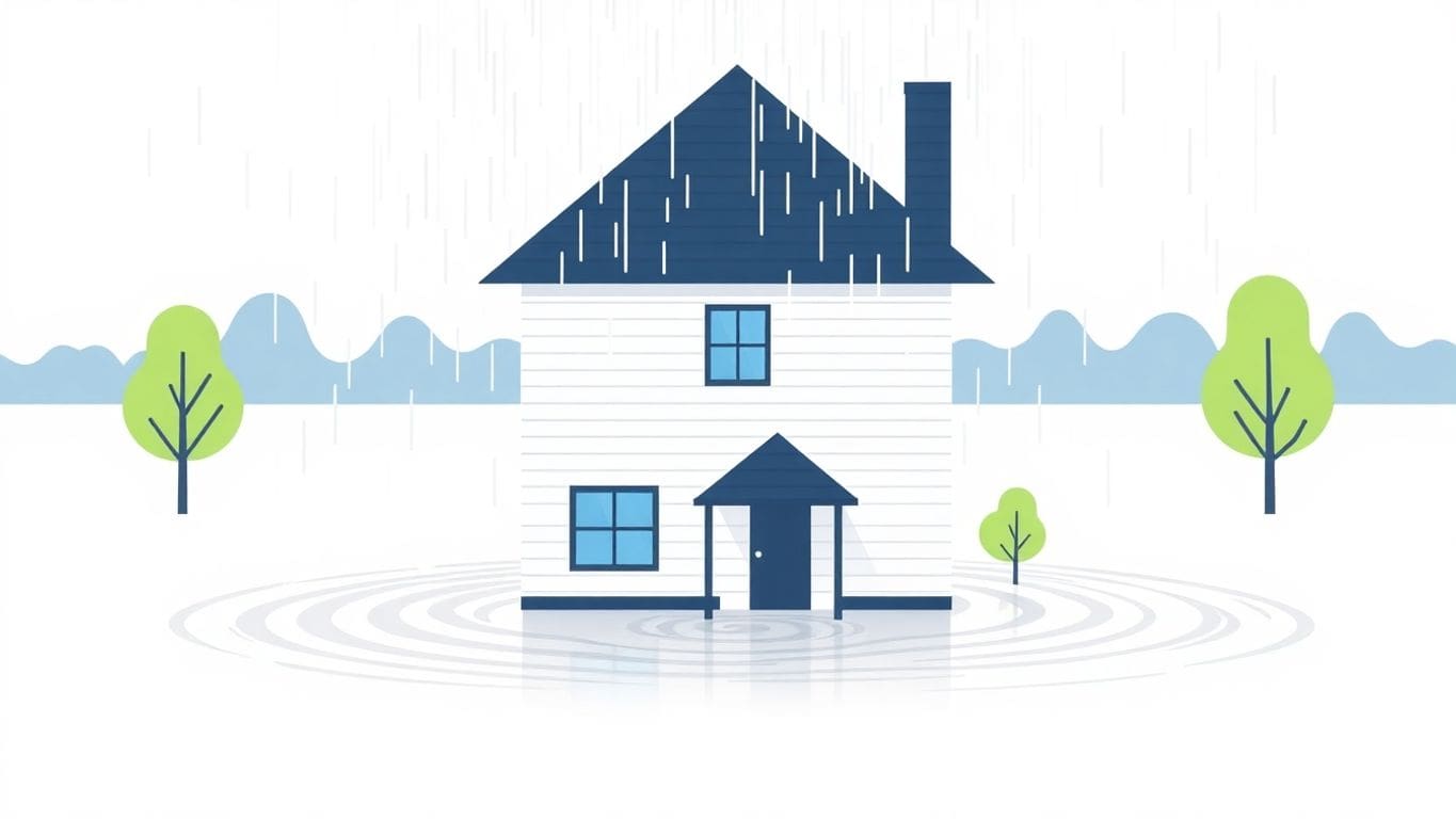Minimalist vector illustration of rain and flood around a house.