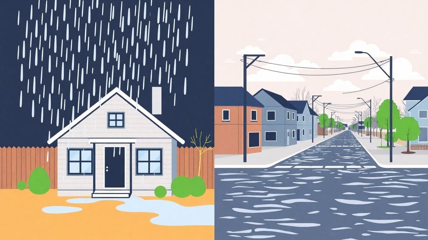 Illustration comparing rain and flood damage scenarios.