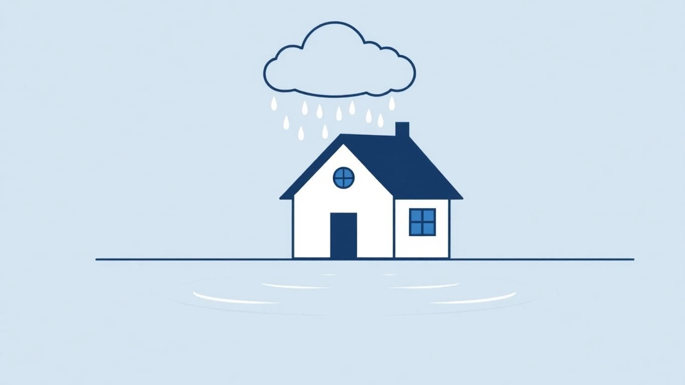 Home with rain cloud and water; storm damage concept.