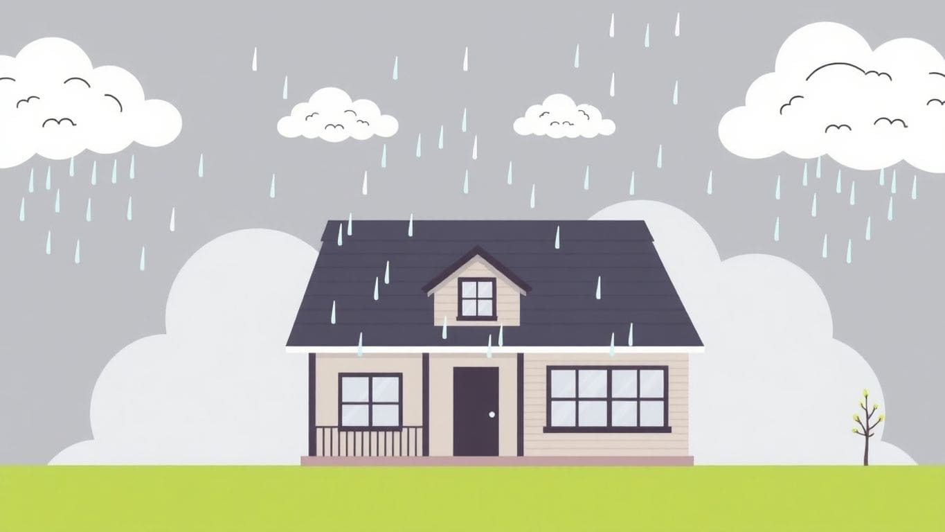 Illustration of a house facing storm damage from rain.