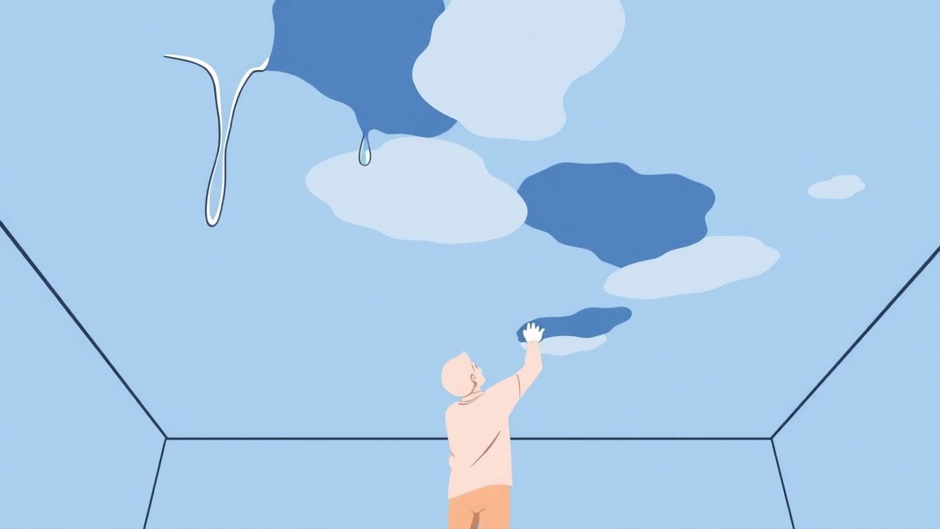 Illustration of a water-damaged ceiling and repair process.