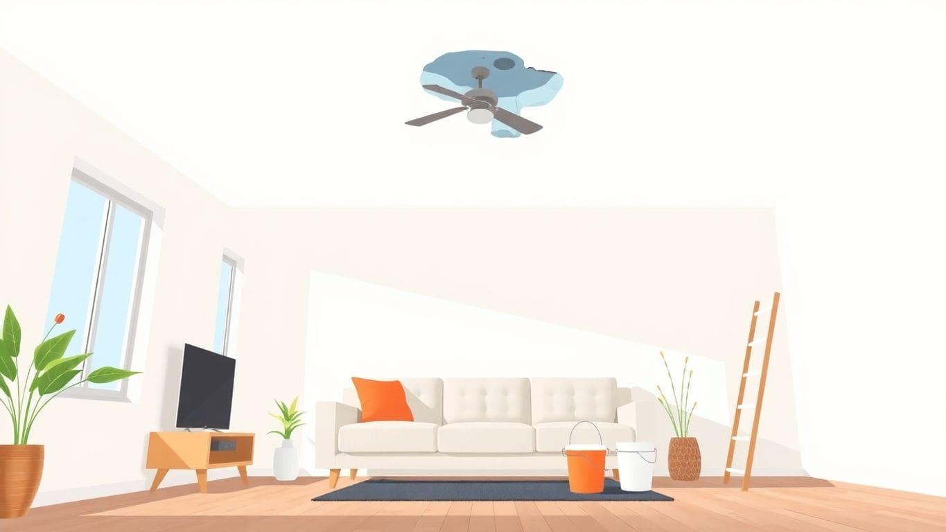 Vector illustration of water damaged ceiling replacement process.
