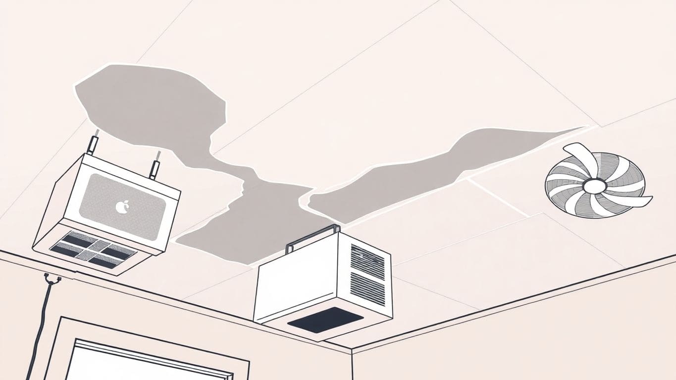 Illustration of drying equipment on a damaged ceiling.