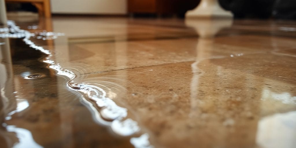 Close-up of water pooling on a floor.