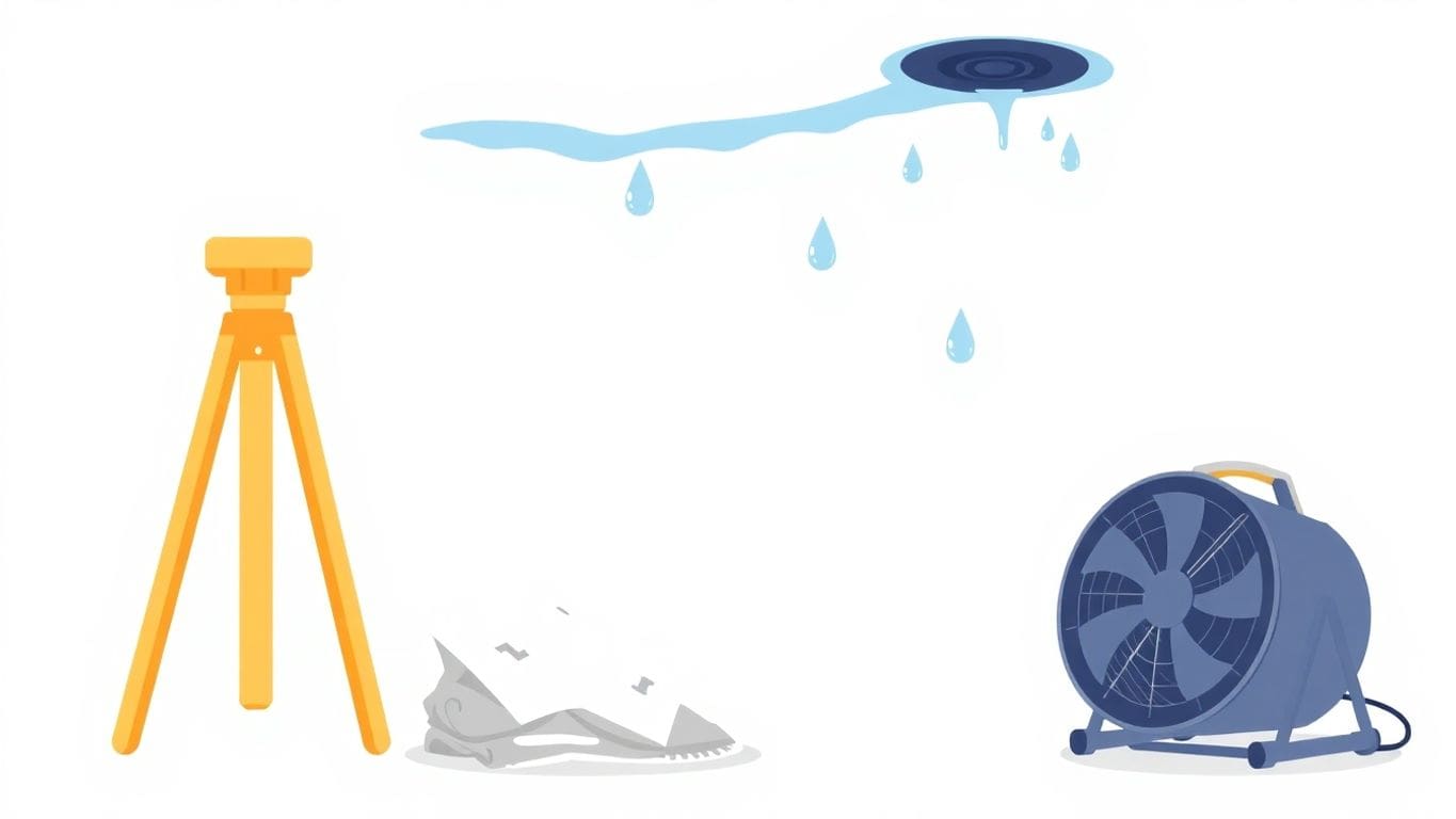 Illustration of tools for drying ceiling water damage.