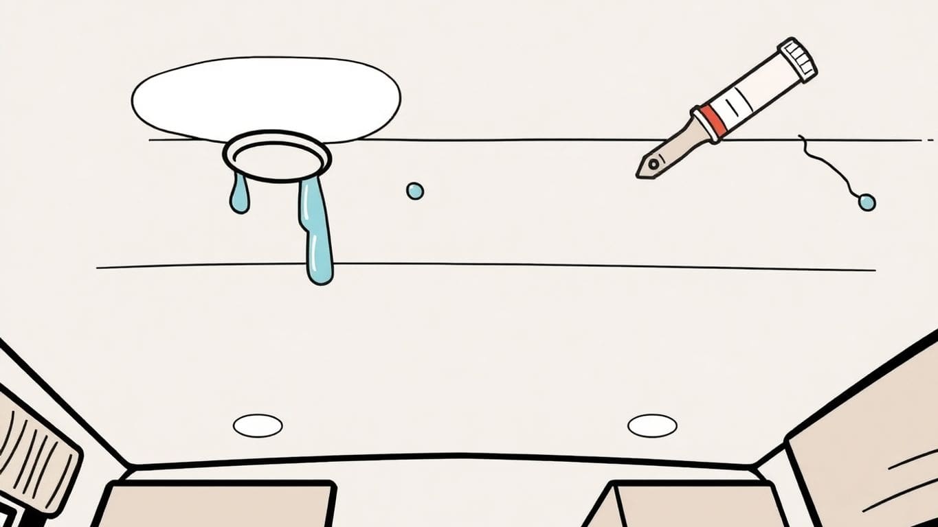 Illustration of RV ceiling with water damage and tools.