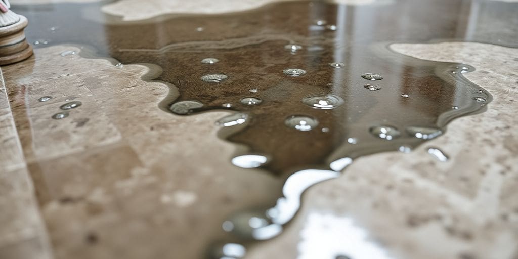 Close-up of water pooling on a floor.