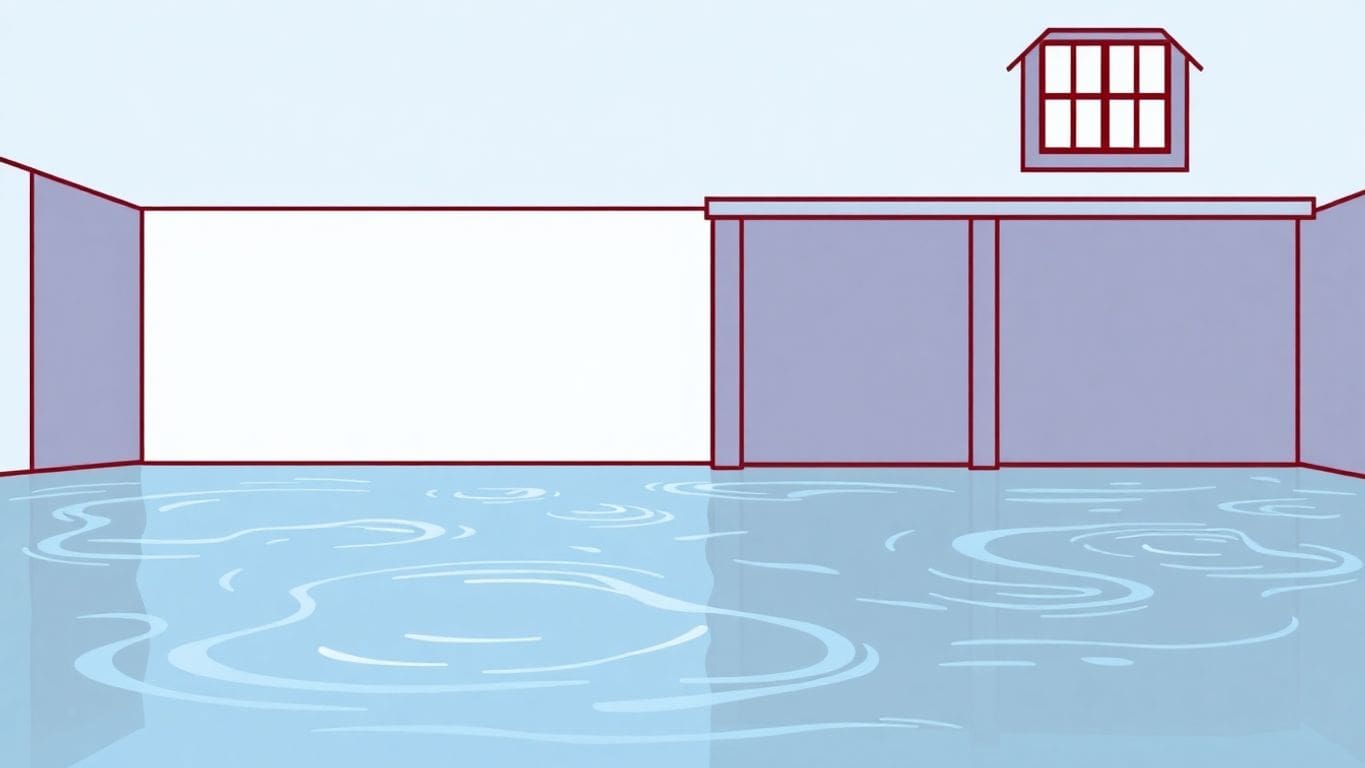 Illustration of a flooded basement with water pooling.