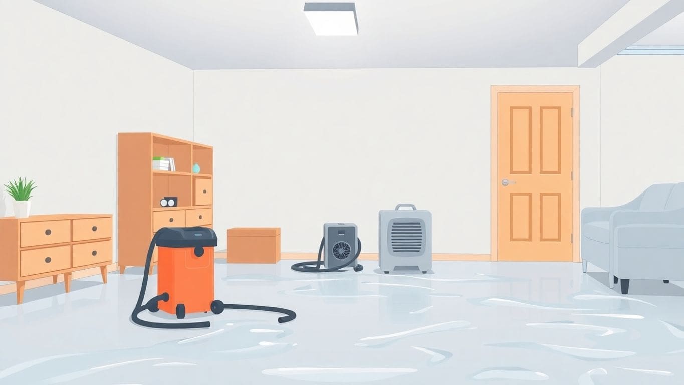 Illustration of a clean, dry basement with removal tools.