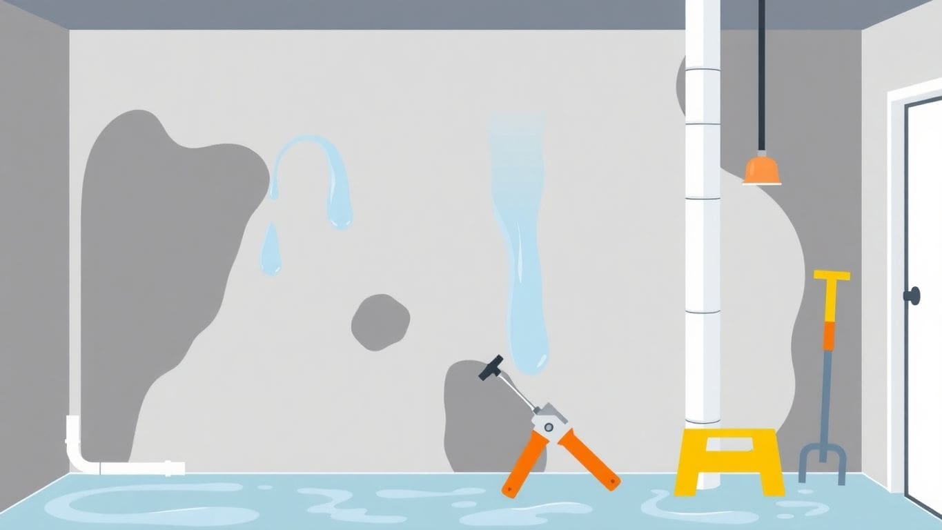 Illustration of water-damaged basement wall and restoration tools.