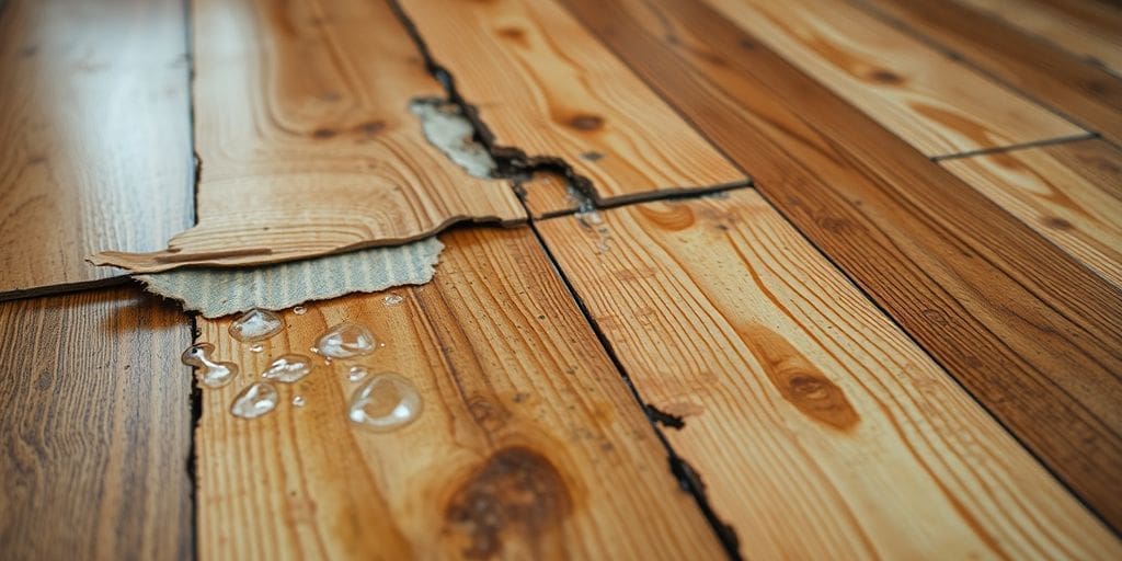 Water-damaged flooring with peeling and warped boards.