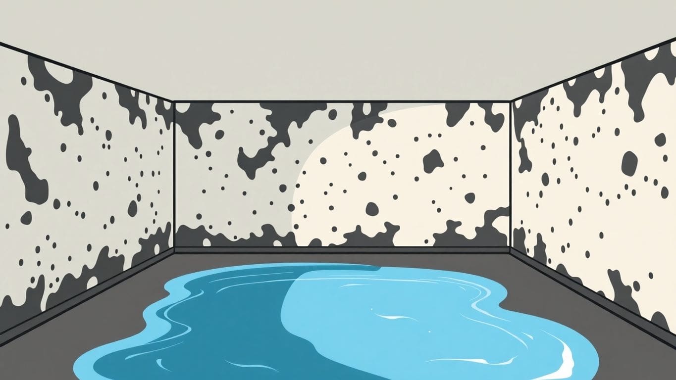 Illustration of a basement with water and mold growth.