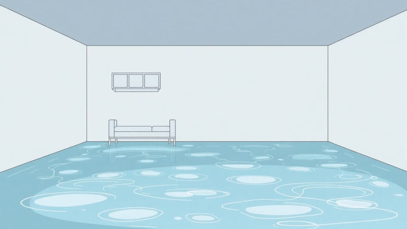 Flooded basement with water and floating furniture illustration.
