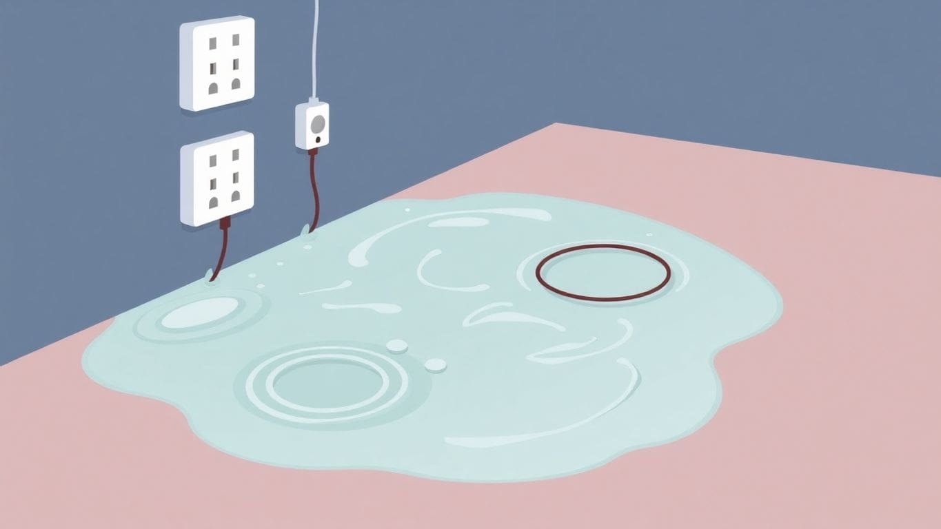 Wet basement with electrical hazards and water pooling.