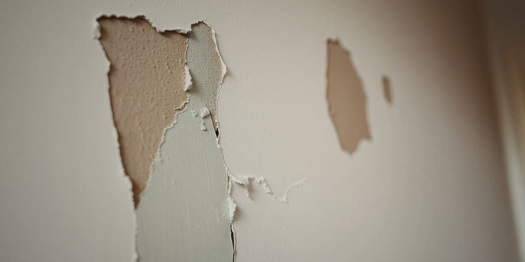 Water-damaged wall with peeling paint and moisture stains.
