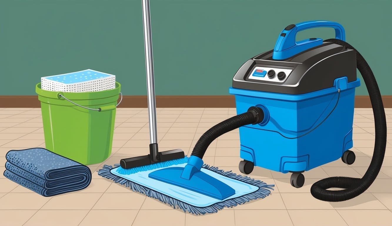 A bucket, mop, towels, and a wet/dry vacuum are on hand for water damage emergencies