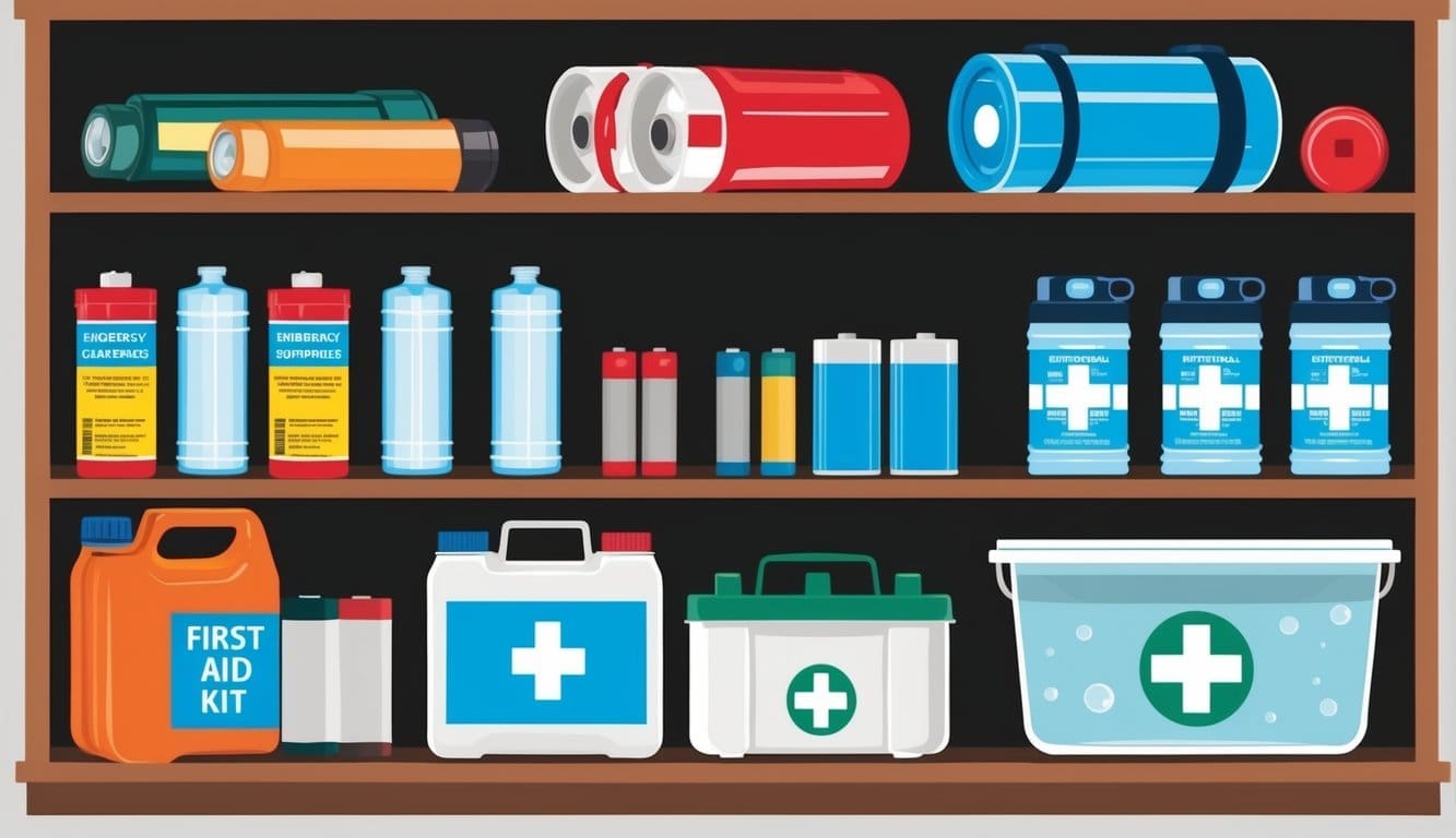 A shelf stocked with emergency supplies: water, flashlights, batteries, first aid kit, and waterproof containers