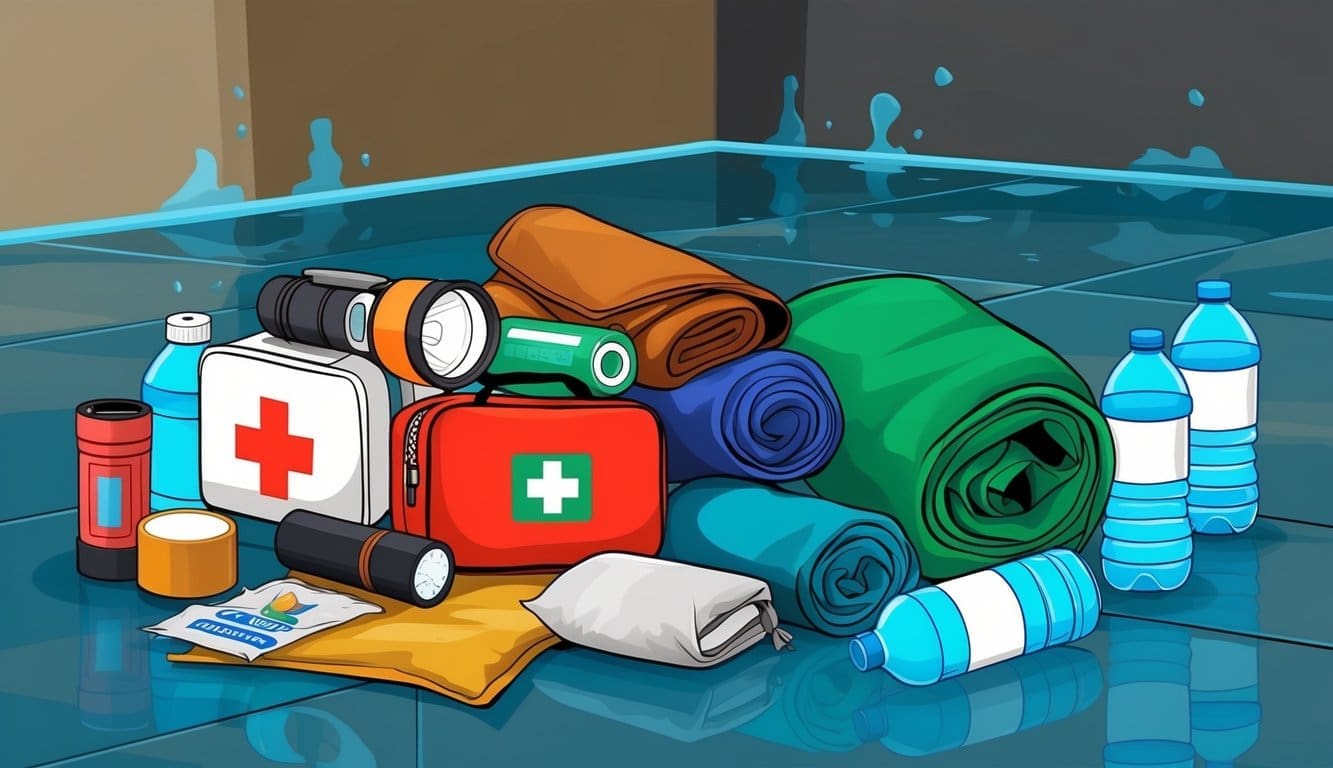 A pile of personal and comfort items including a flashlight, first aid kit, blankets, and water bottles scattered on a wet floor with water damage in the background
