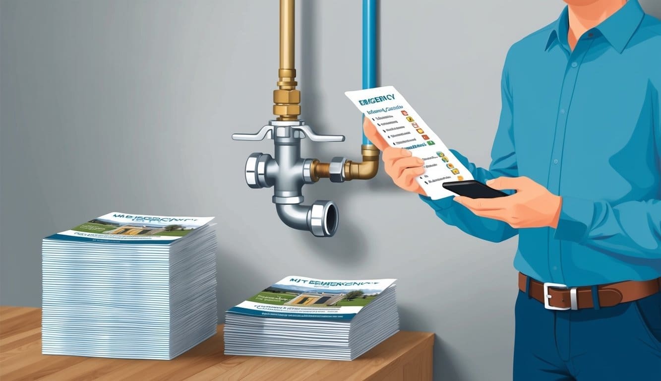 A person holding a phone and a list of emergency contacts, standing next to a water shut-off valve and a stack of informational brochures