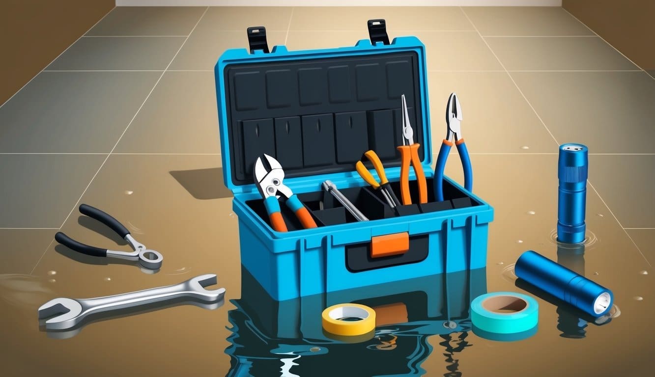 A toolbox open on a flooded floor, with items such as a wrench, pliers, screwdriver, flashlight, and duct tape scattered around