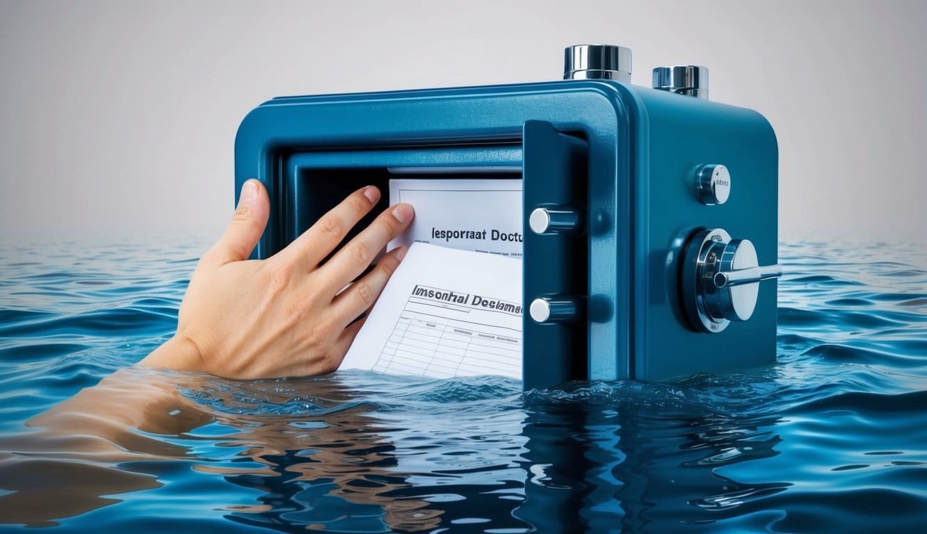 A hand reaching for a waterproof safe containing important documents and valuables, surrounded by a flood of water