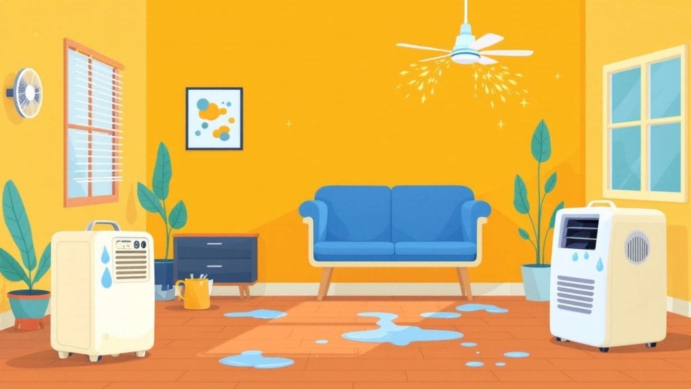 Minimalist vector illustration of dehumidifiers in a home.