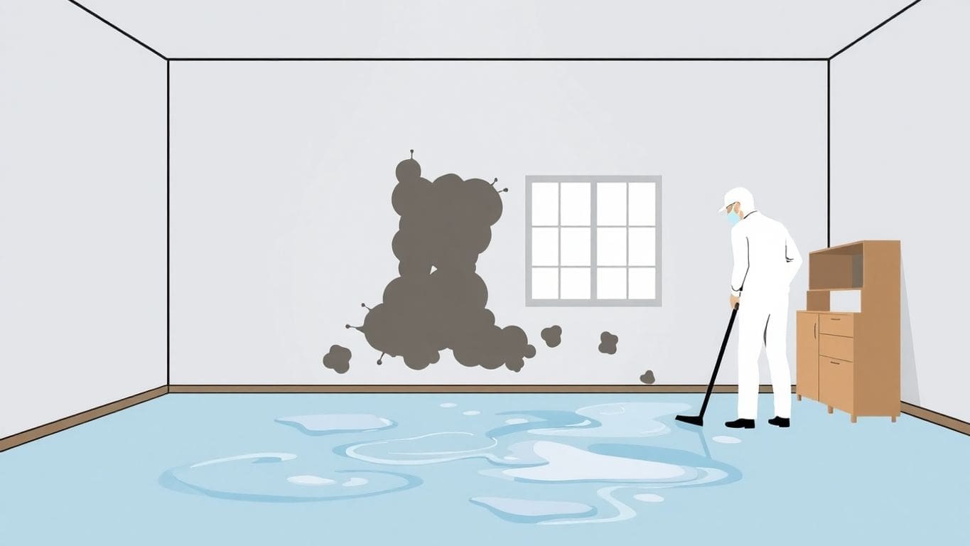 Vector illustration of water damage affecting indoor health.