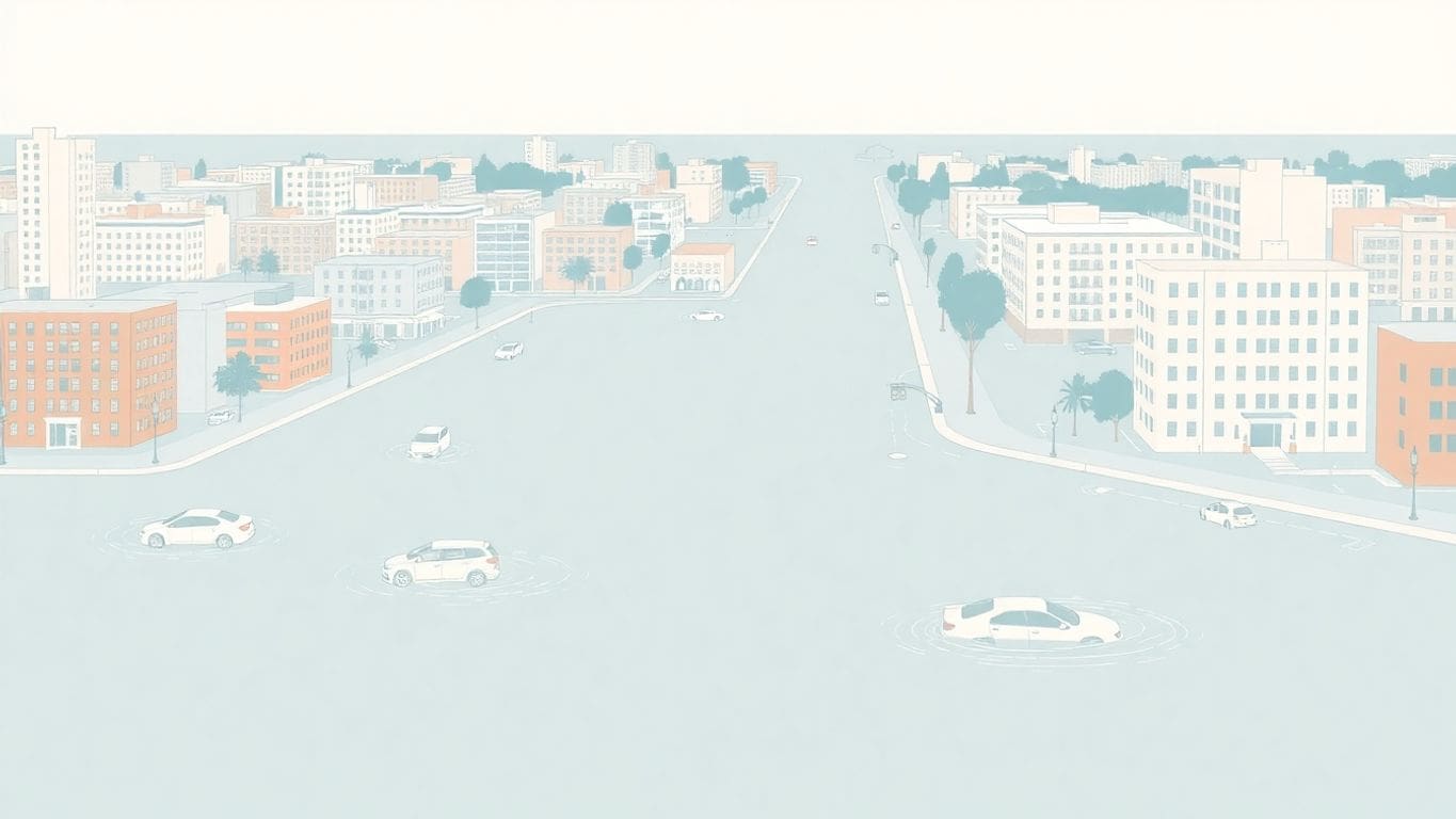 Flooded cityscape with submerged buildings and vehicles.