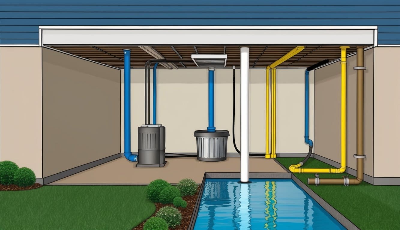 A basement with proper drainage, sealed walls, and a functioning sump pump, surrounded by well-maintained gutters and sloping landscaping to redirect water away from the foundation