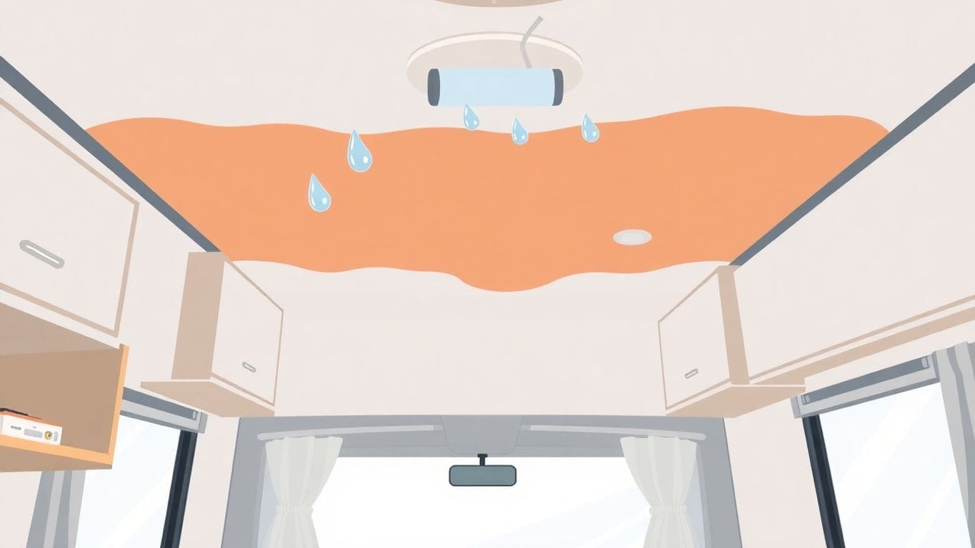 Vector illustration of RV ceiling water damage repair tools.