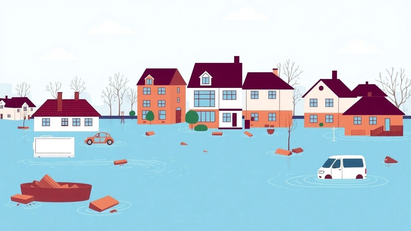 Vector illustration of flood damage with submerged houses.