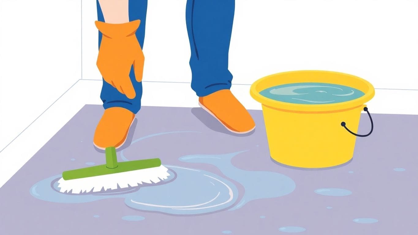Person cleaning wet floor with mop and bucket.