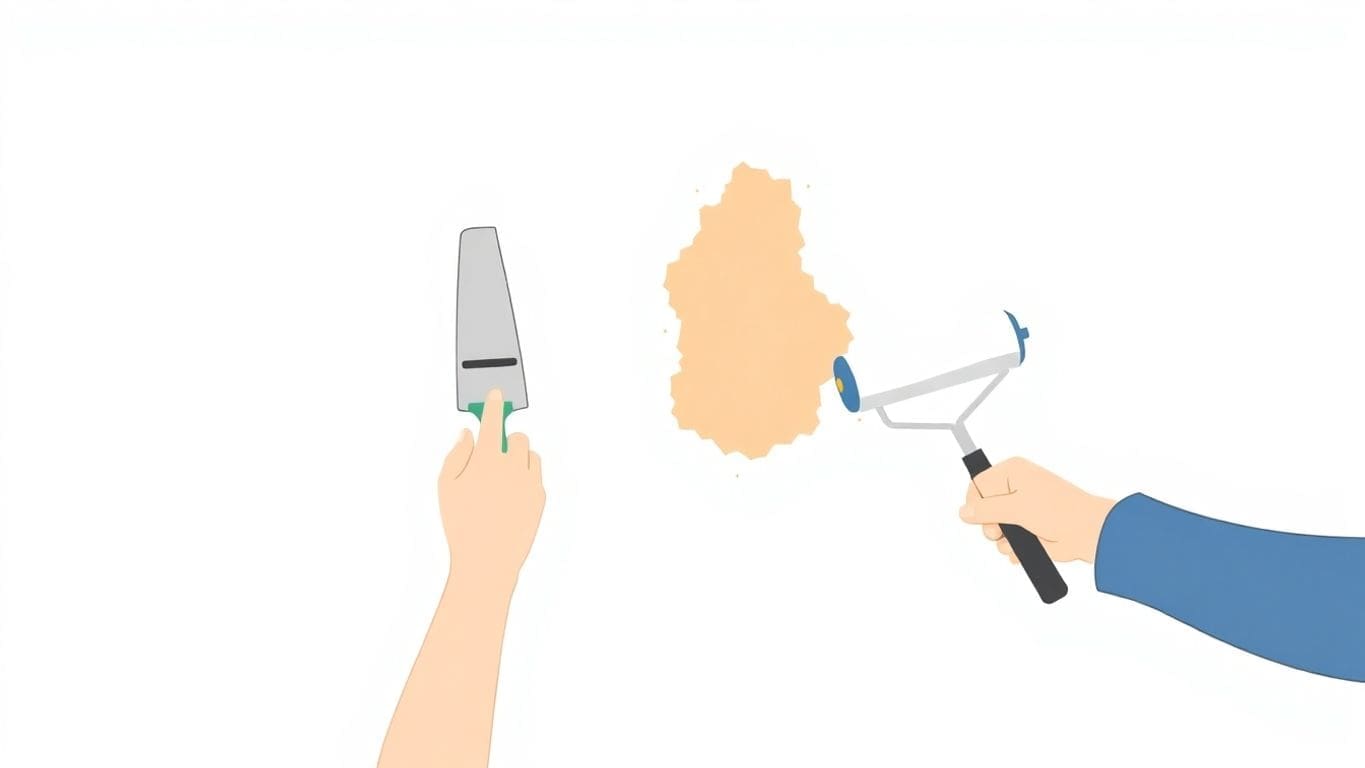 Illustration of drywall repair tools and water damage.