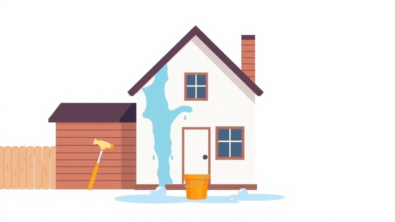 Vector illustration of a house with water damage tools.