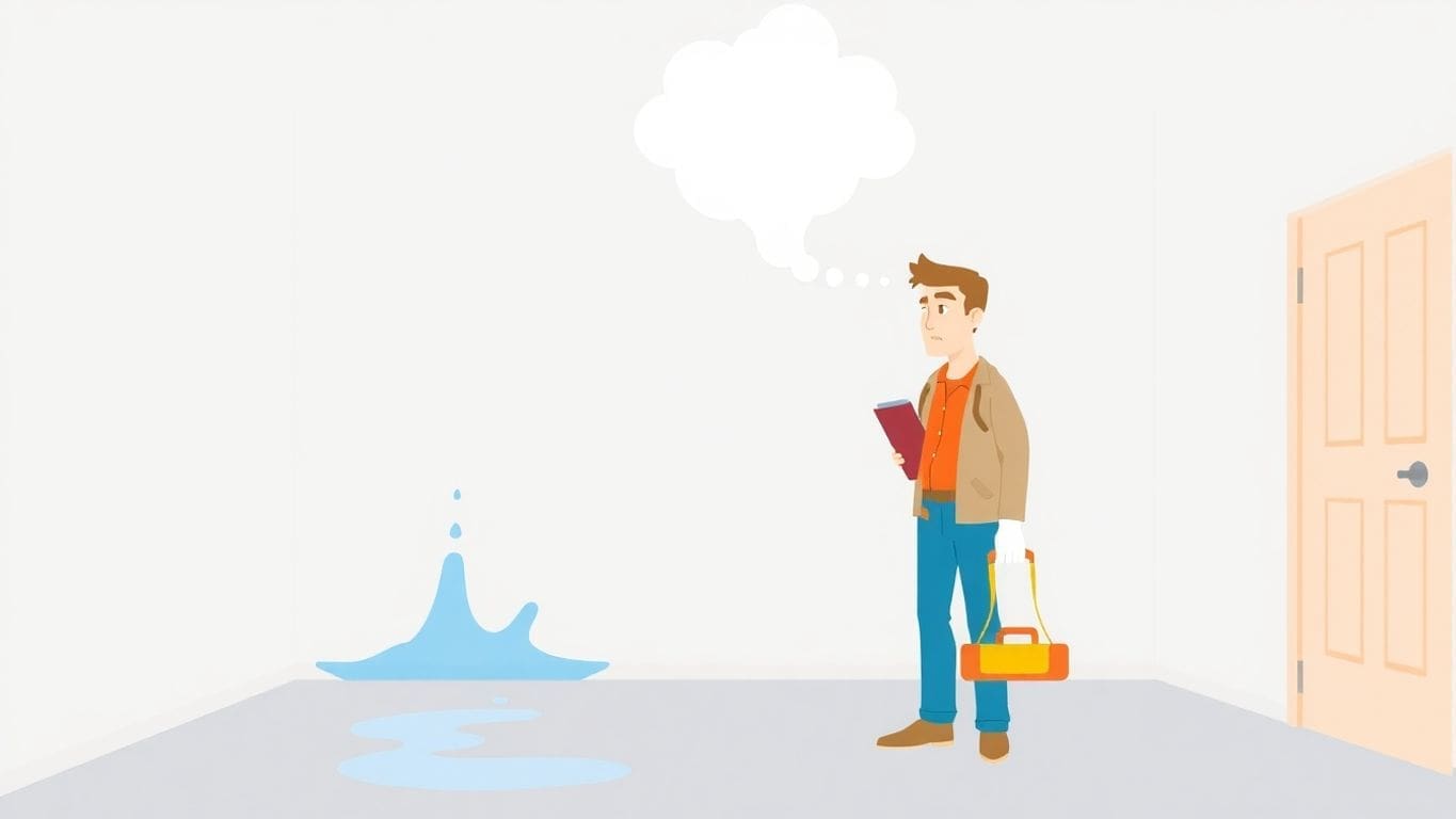 Landlord evaluating water damage in rental property illustration.