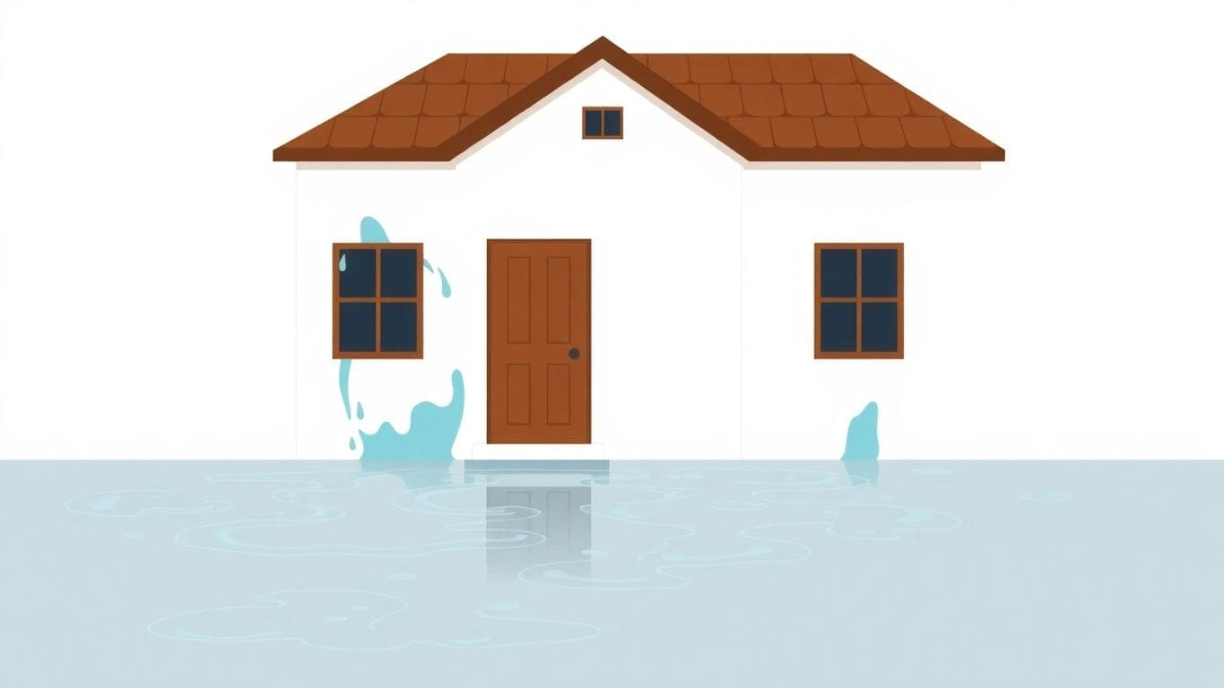 Illustration of a house with visible water damage effects.
