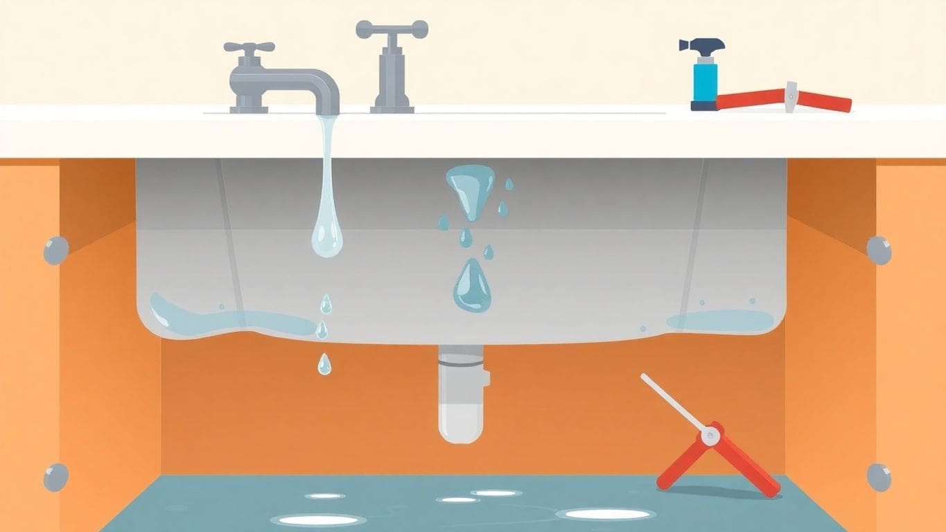 Illustration of a sink with water damage and repair tools.