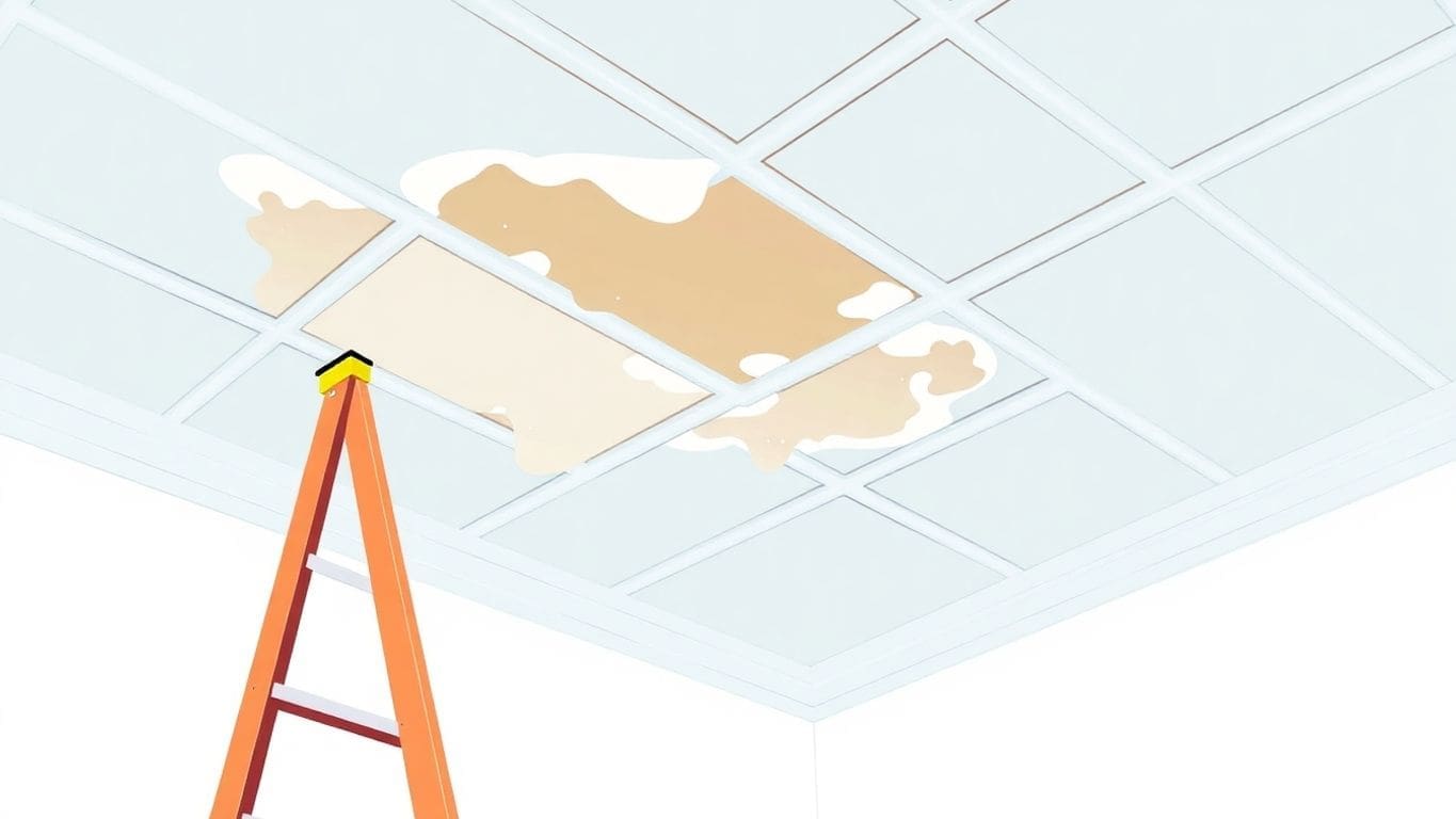 Illustration of repairing a water damaged ceiling.