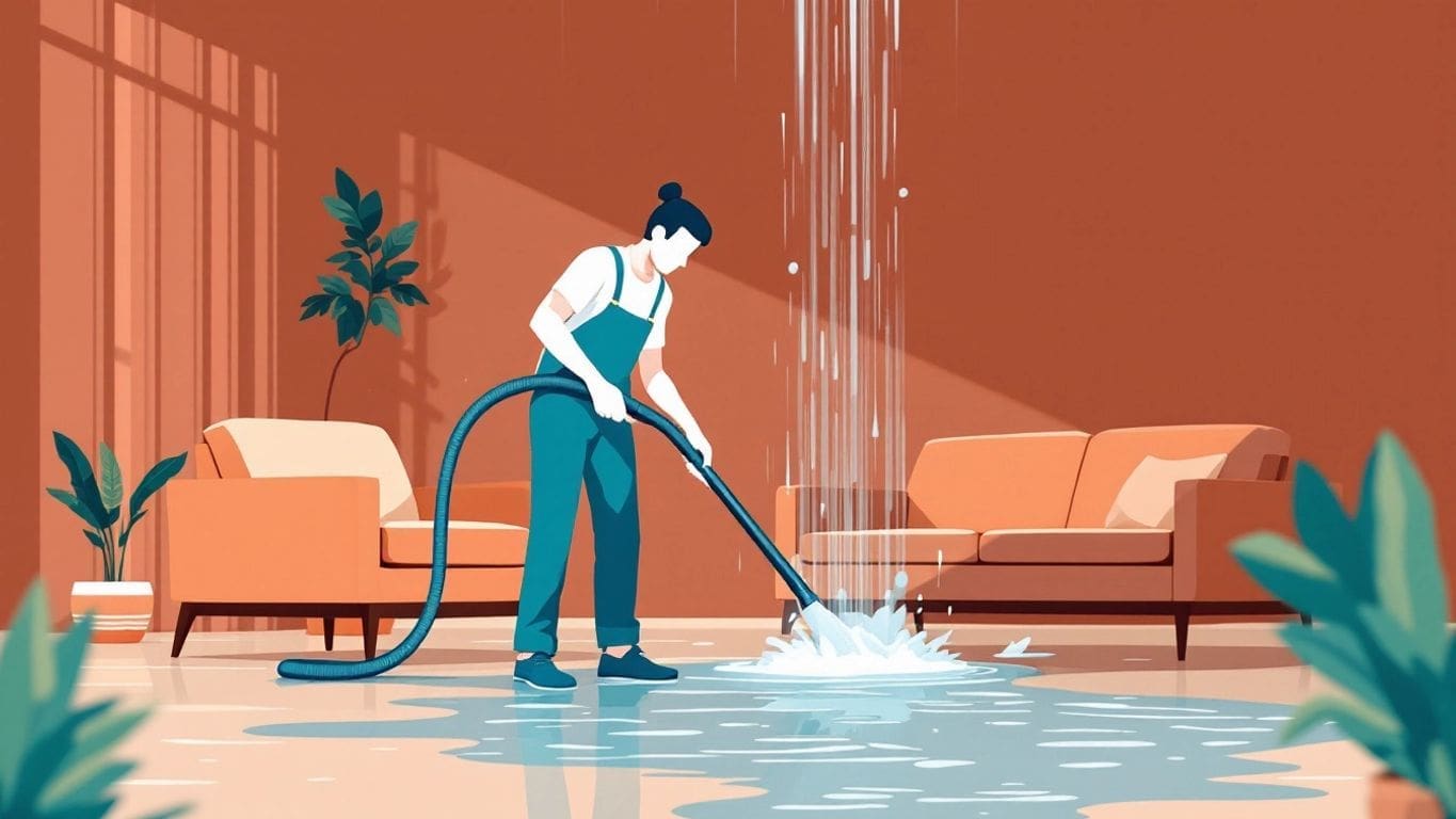 Homeowner using vacuum for emergency water removal in home.