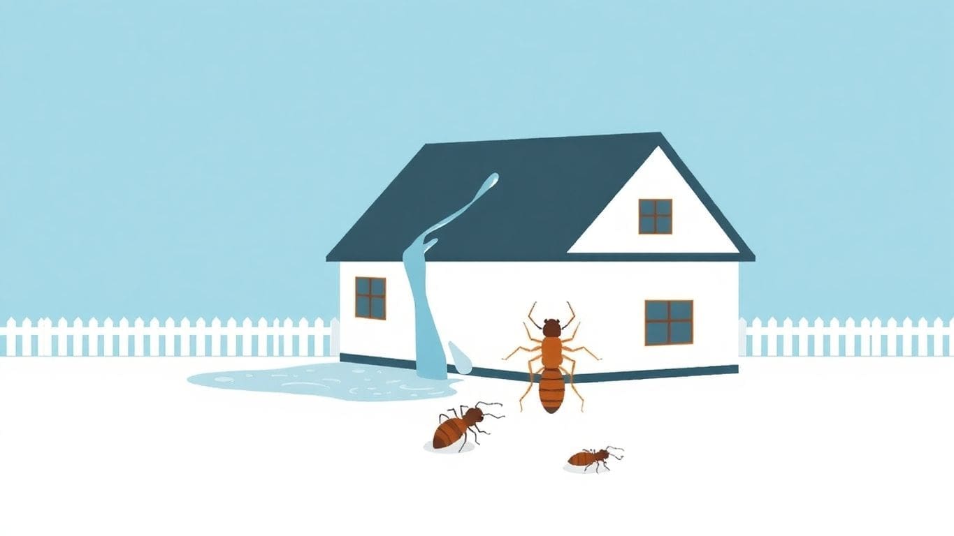 Vector illustration of a house with water damage and termites.