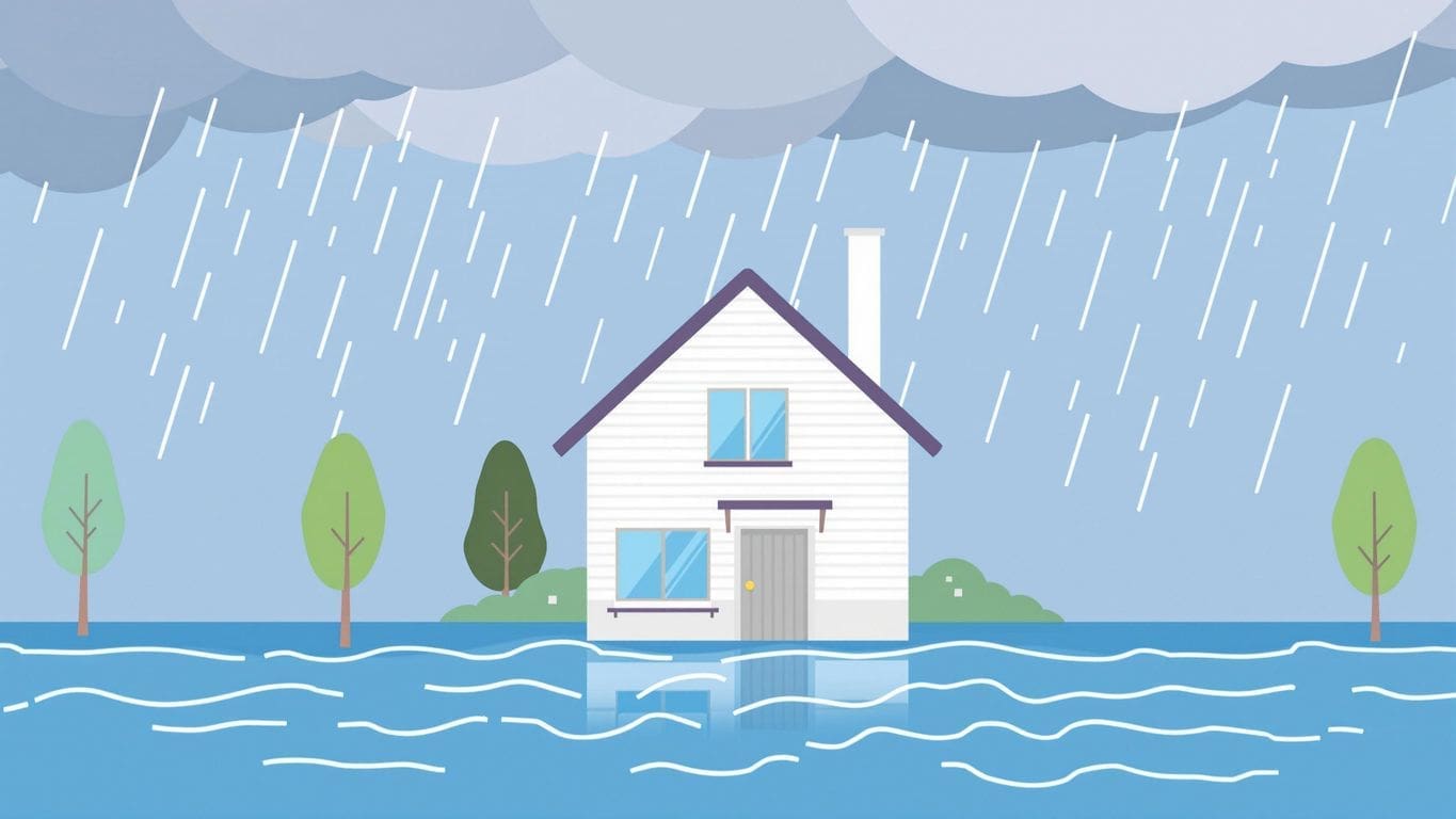 Illustration of a flooded house under stormy clouds.