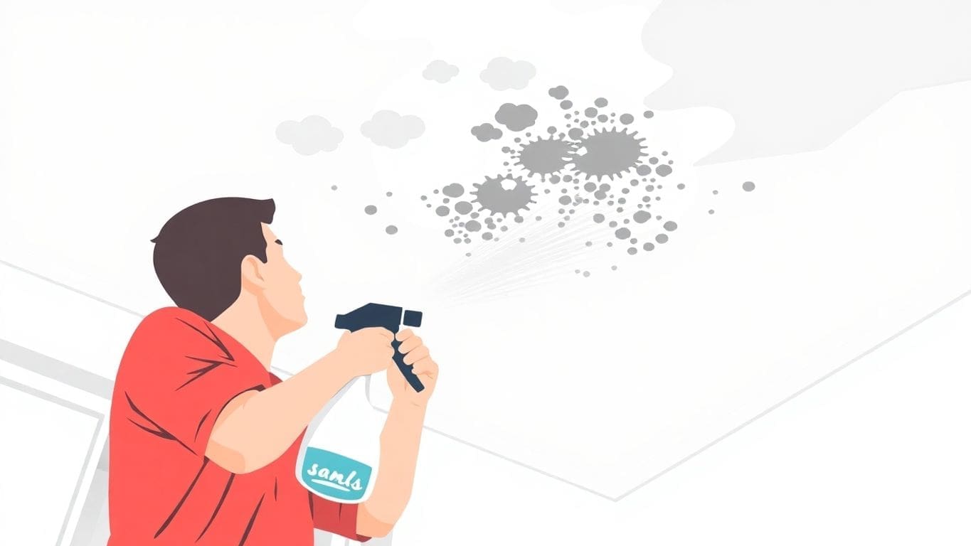 Person cleaning mold from drywall ceiling with spray bottle.