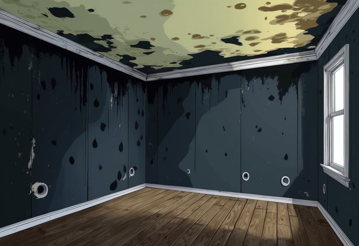 Dark, damp walls with black spots, peeling paint, and musty odor. Water stains on ceilings and warped wooden surfaces