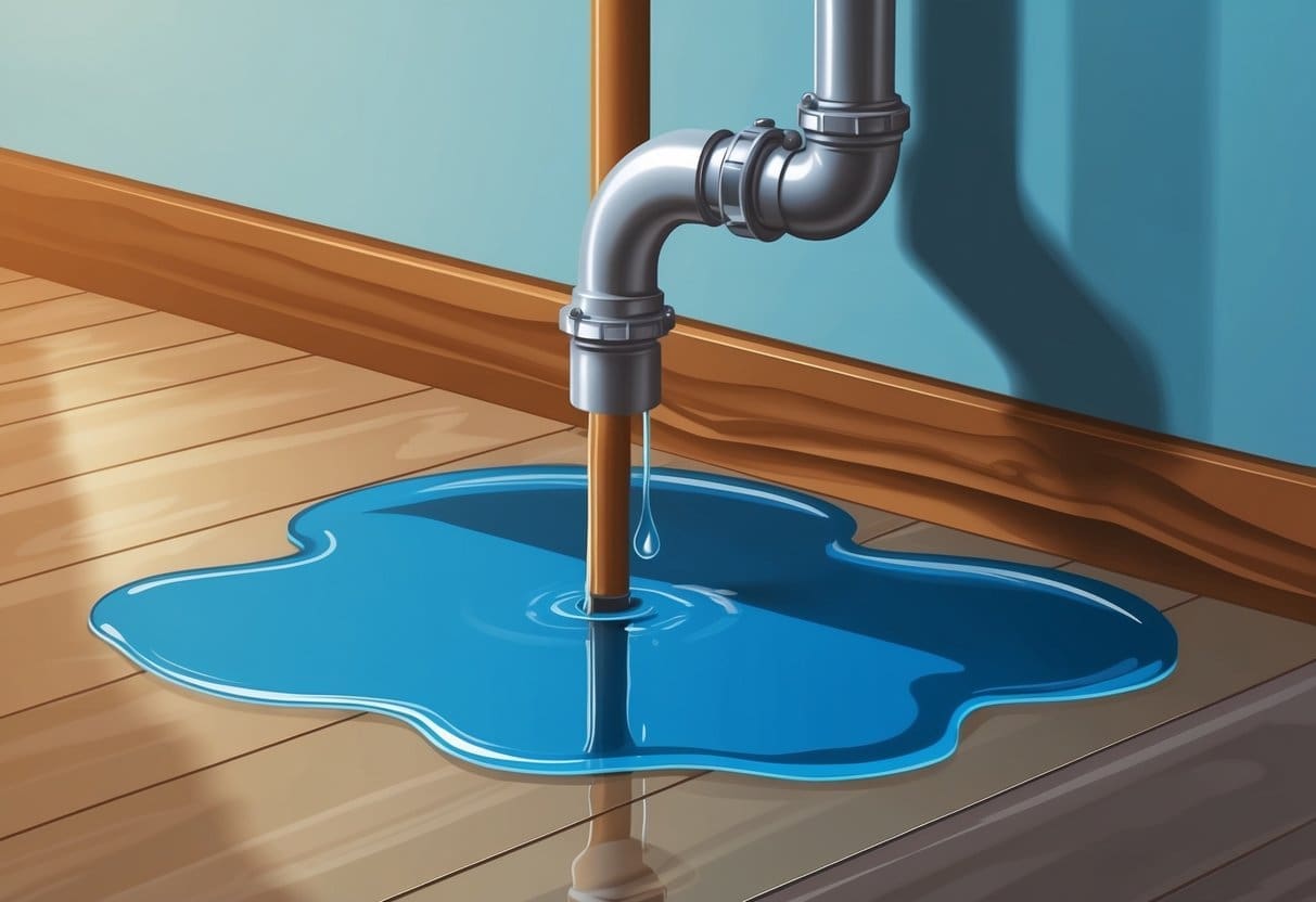 A puddle forms on the floor beneath a dripping pipe, causing discoloration and warping of the nearby wall and baseboard