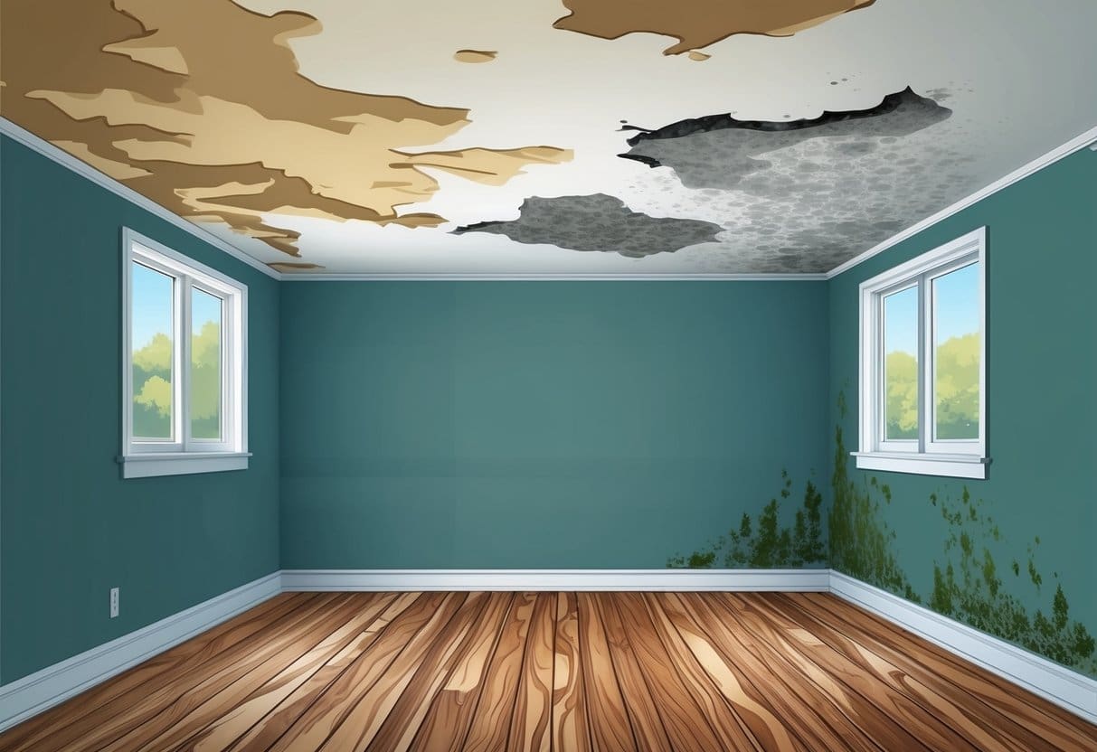 Water stains on ceiling, peeling paint, warped wood floors, and mold growth in corners of the room